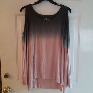 Pink and Grey Ombre Long Sleeve Open Shoulder Tee